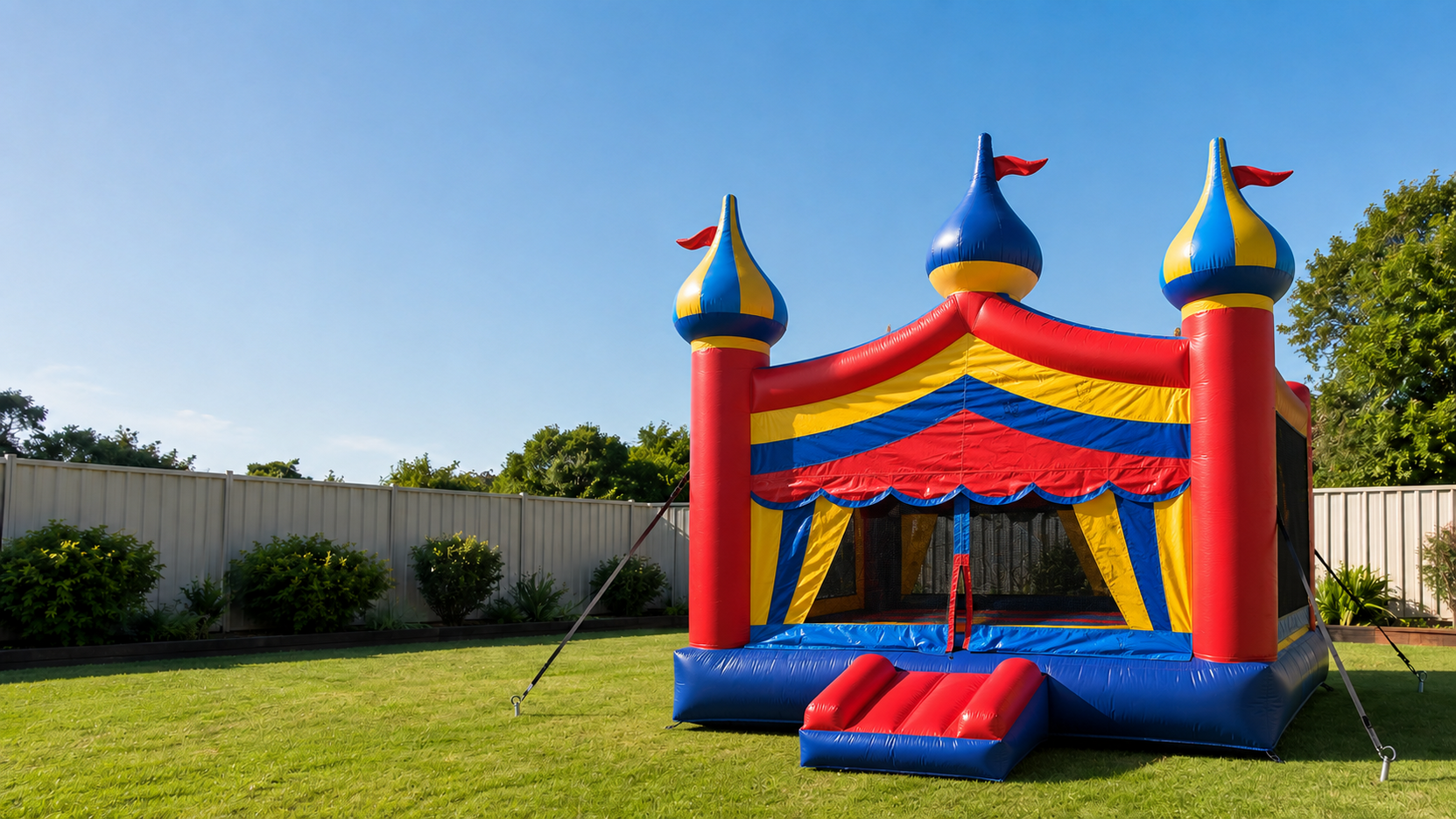 Illustration of the selected red, yellow and blue plain bouncer in a backyard